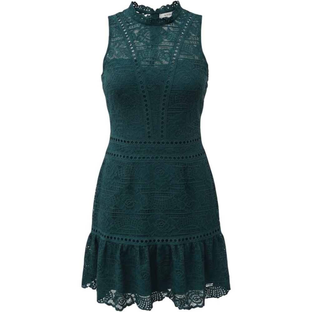 Saylor Lace Mini Dress S Emerald Green High Neck Sleeveless Ruffle Hem